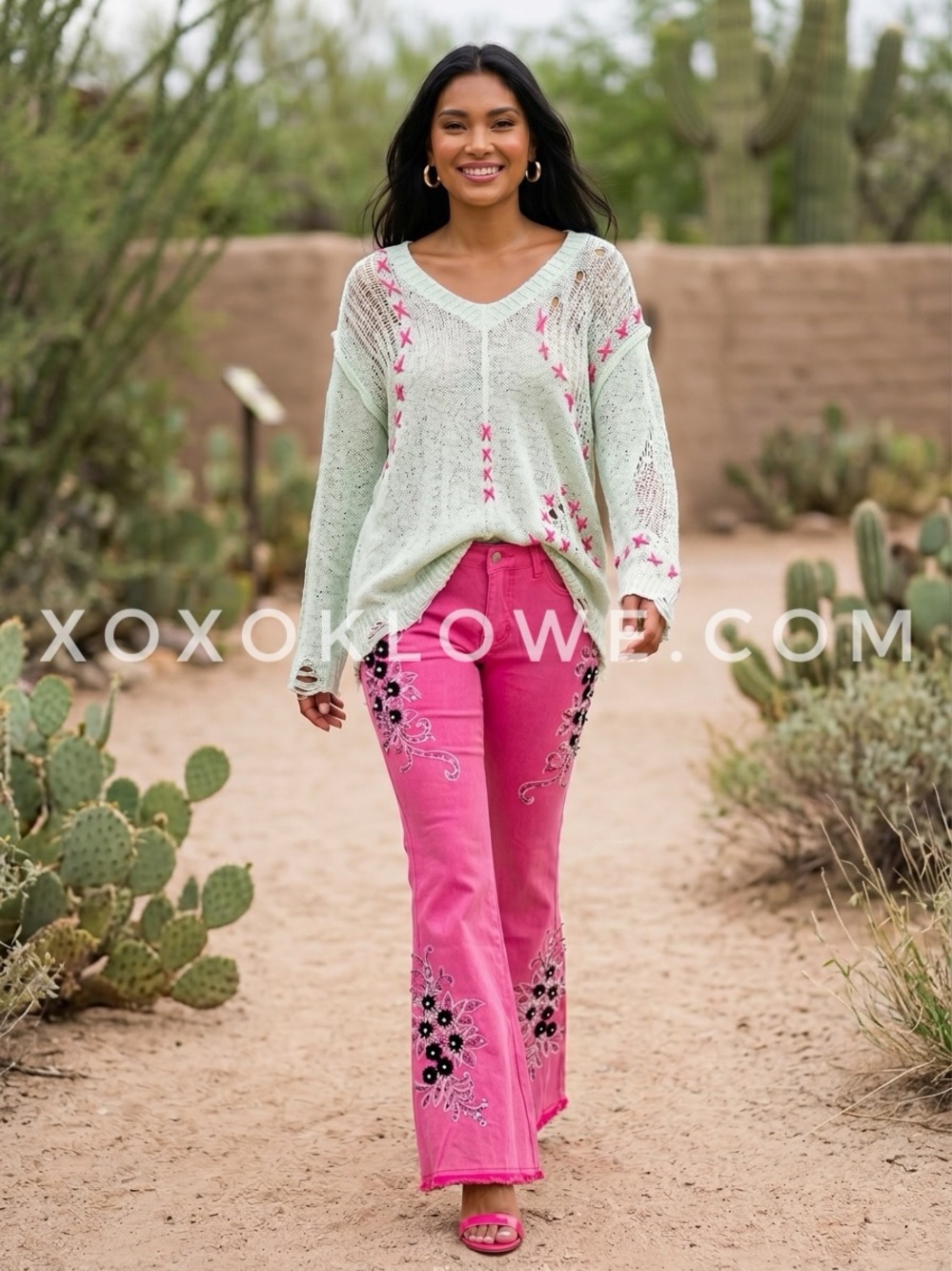 POL Mint Green Open Knit Sweater | Pink Whipstitch Slouchy V Neck Distressed - Picture 9 of 11